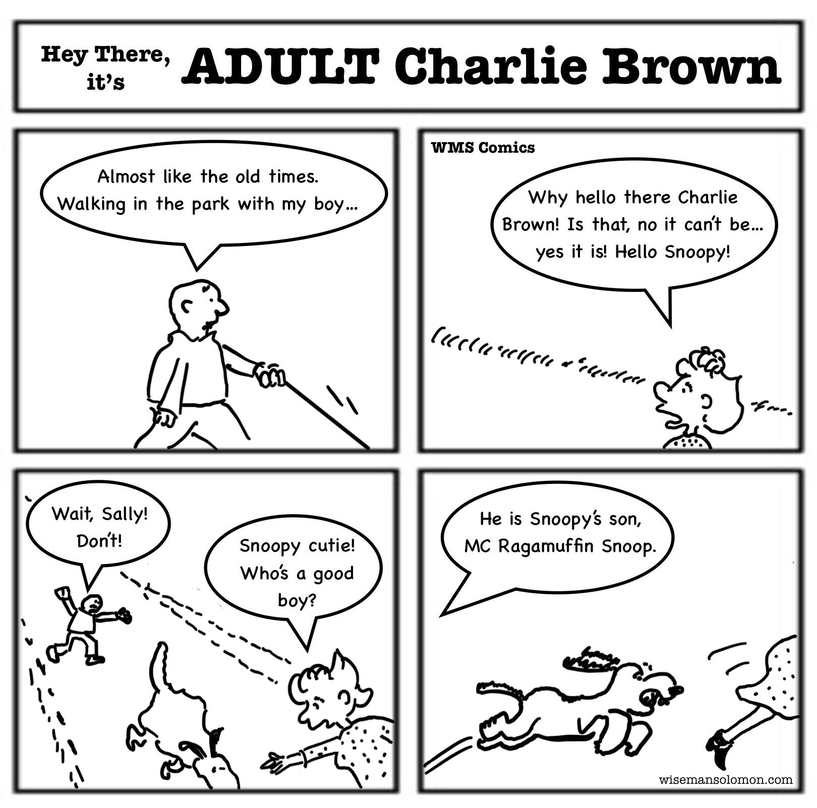 Adult Charlie Brown walking dog comic strip Snoopy homage parody satire 